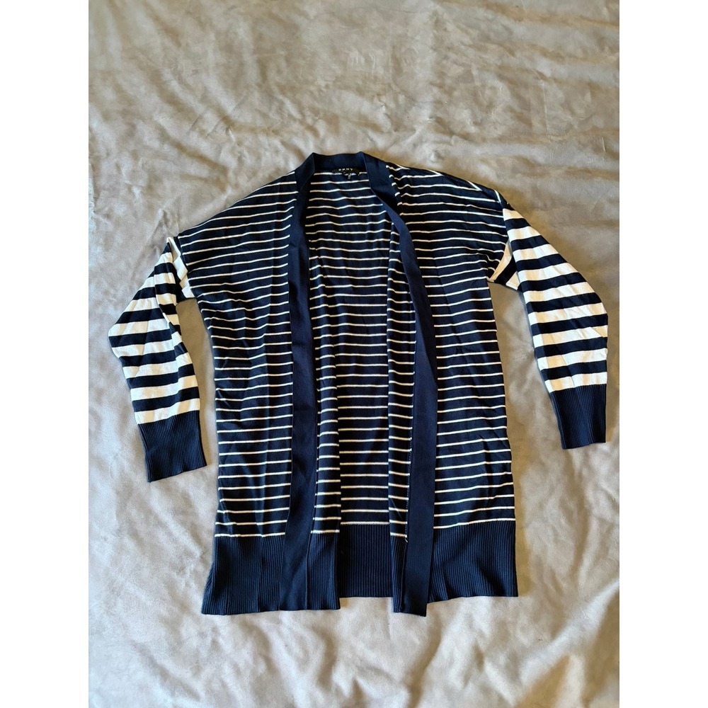 DKNY Womens Navy Blue White Striped Open Front Cardigan Sweater M/L Longline